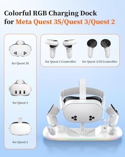 Charging Dock for Meta Quest 3S/3/2, 20W Magnetic Charging Station for Oculus Quest 3S/3/2 Accessories with Rechargeable 2X2100mAh Batteries, RGB Charging Stand for VR Headset & Controllers - Image 2